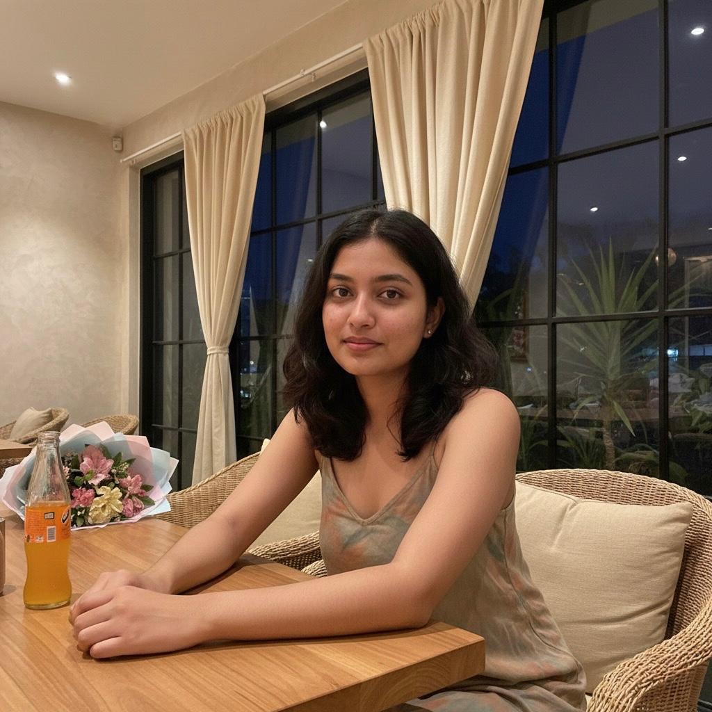 Discreet and elegant high class companion in Jalandhar sitting at a table with a bouquet and a cold drink.