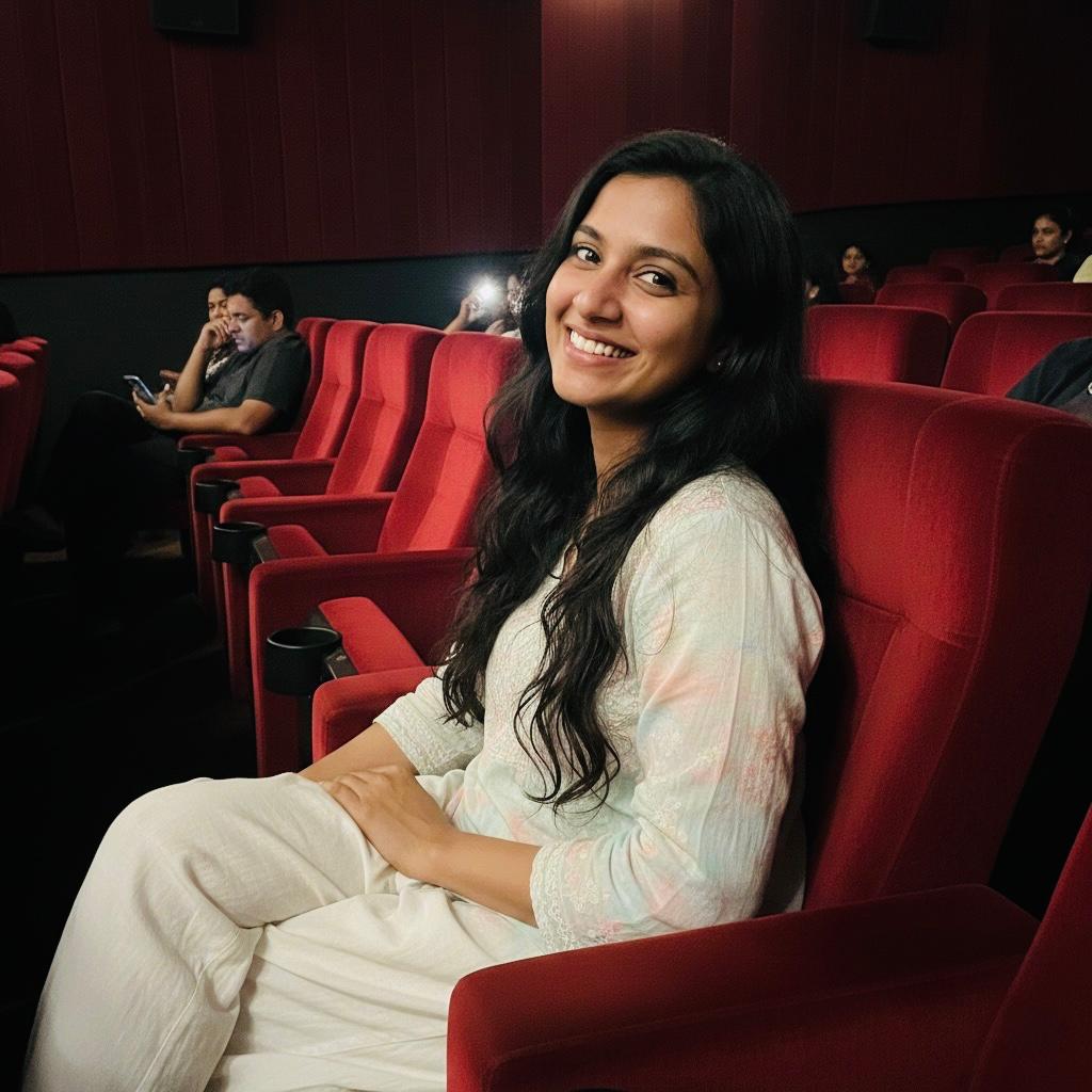 Friendly and charming high class companion in Jalandhar smiling while sitting in a movie theater with red seats.
