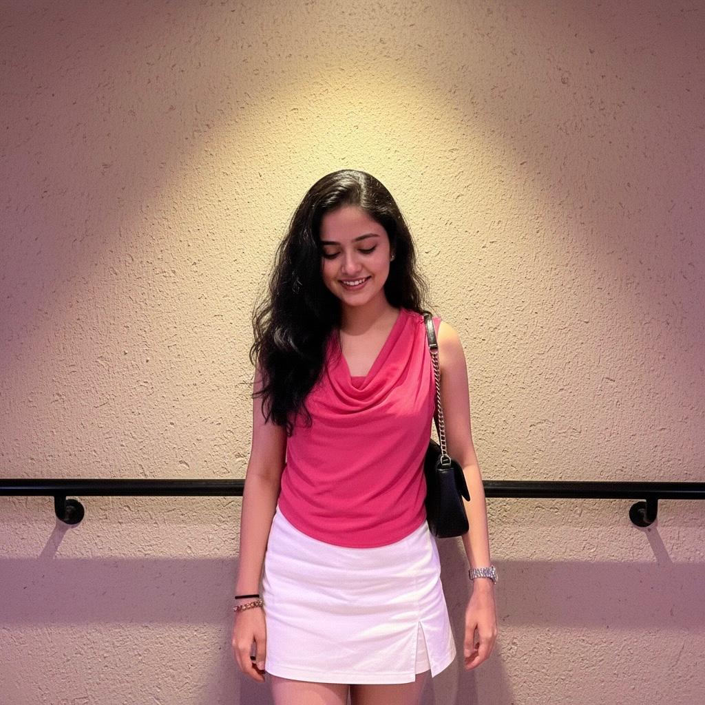 Discreet and stylish high class companion in Jalandhar wearing a pink top and white skirt, looking down and smiling.