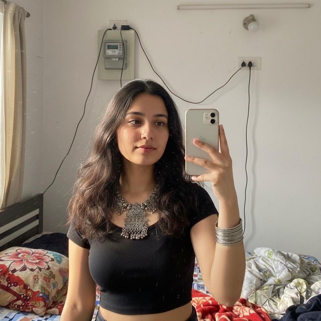 Discreet and elegant high class companion in Jalandhar taking a mirror selfie in a room with traditional silver jewelry.