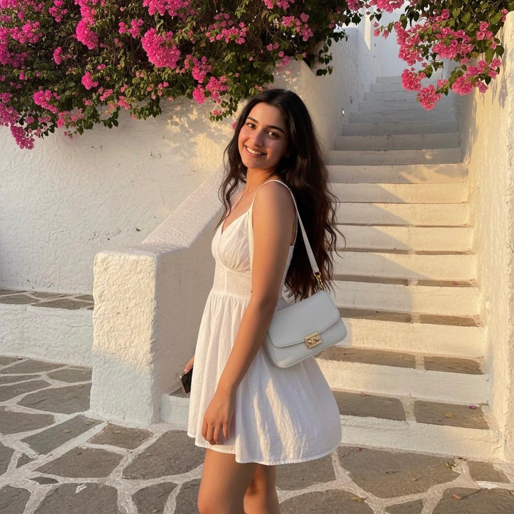 Beautiful and cheerful high class companion in Jalandhar wearing a white summer dress near pink bougainvillea flowers