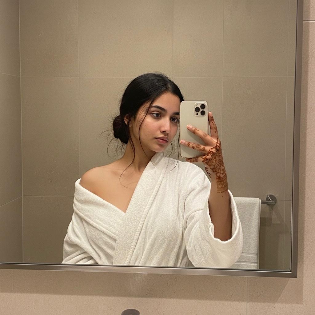 High class companion in Jalandhar taking a mirror selfie in a white bathrobe in a luxury hotel or private bathroom setting.