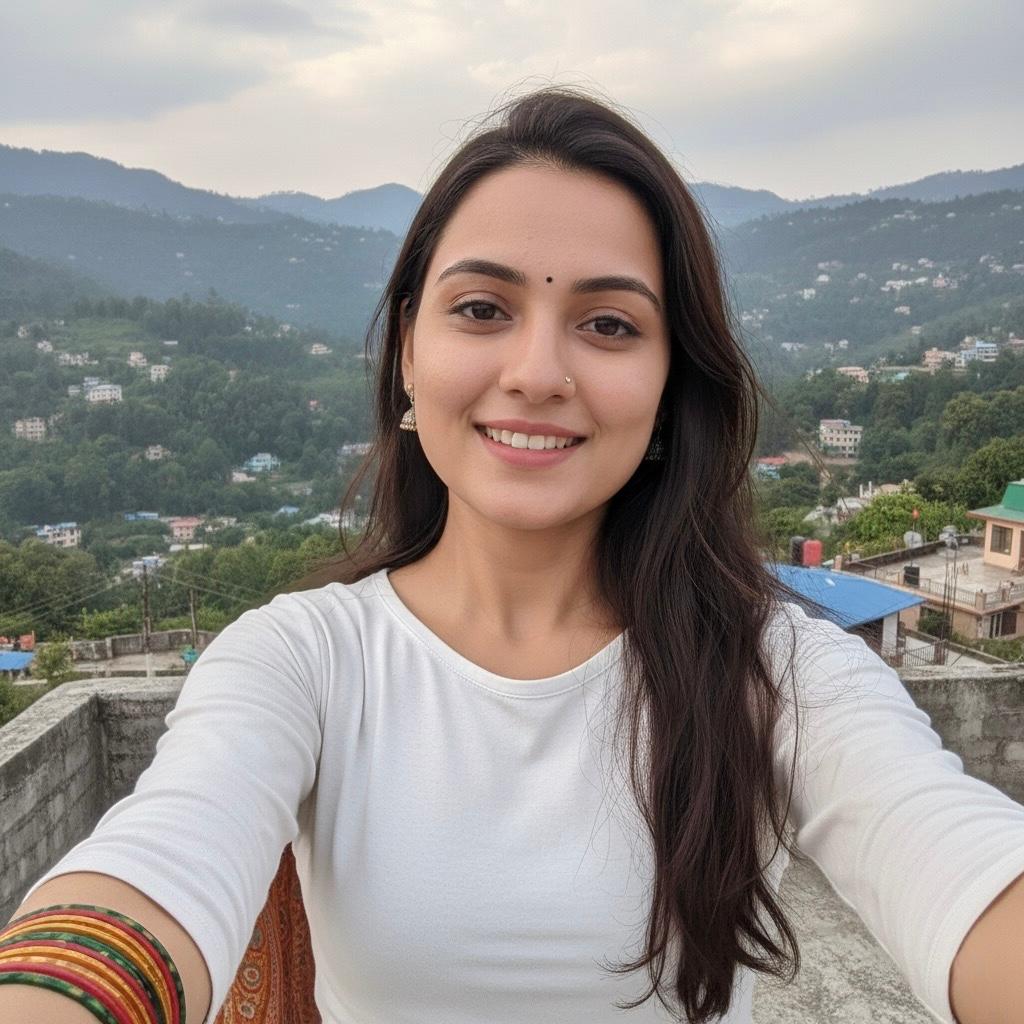 Friendly and natural high class companion in Jalandhar smiling while taking a selfie on a rooftop overlooking mountains and a town.
