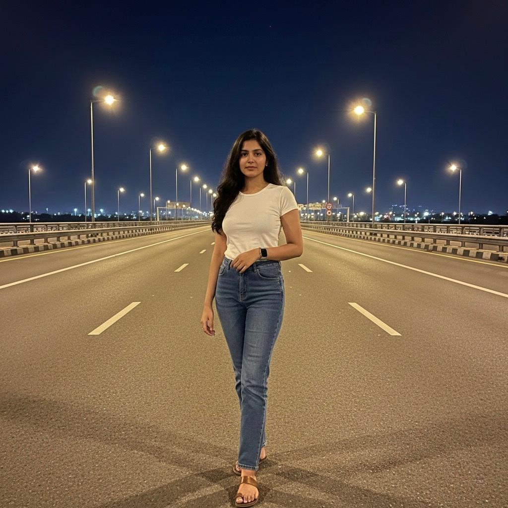Stylish and attractive high class companion in Jalandhar wearing a white t-shirt and jeans on a bridge at night.