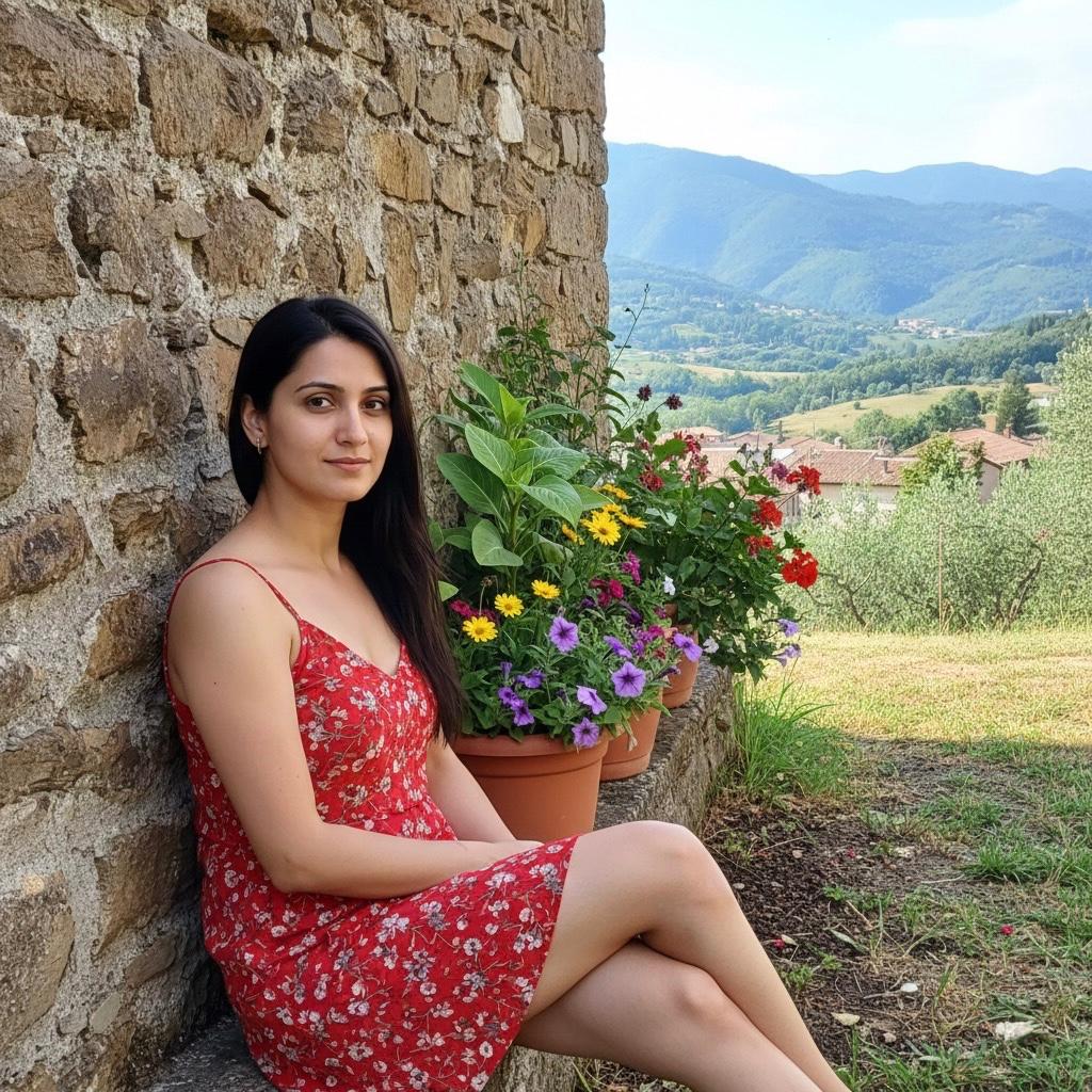 Elegant and smiling high class companion in Jalandhar wearing a red floral dress, sitting outdoors against a stone wall with plants and mountains in the background.